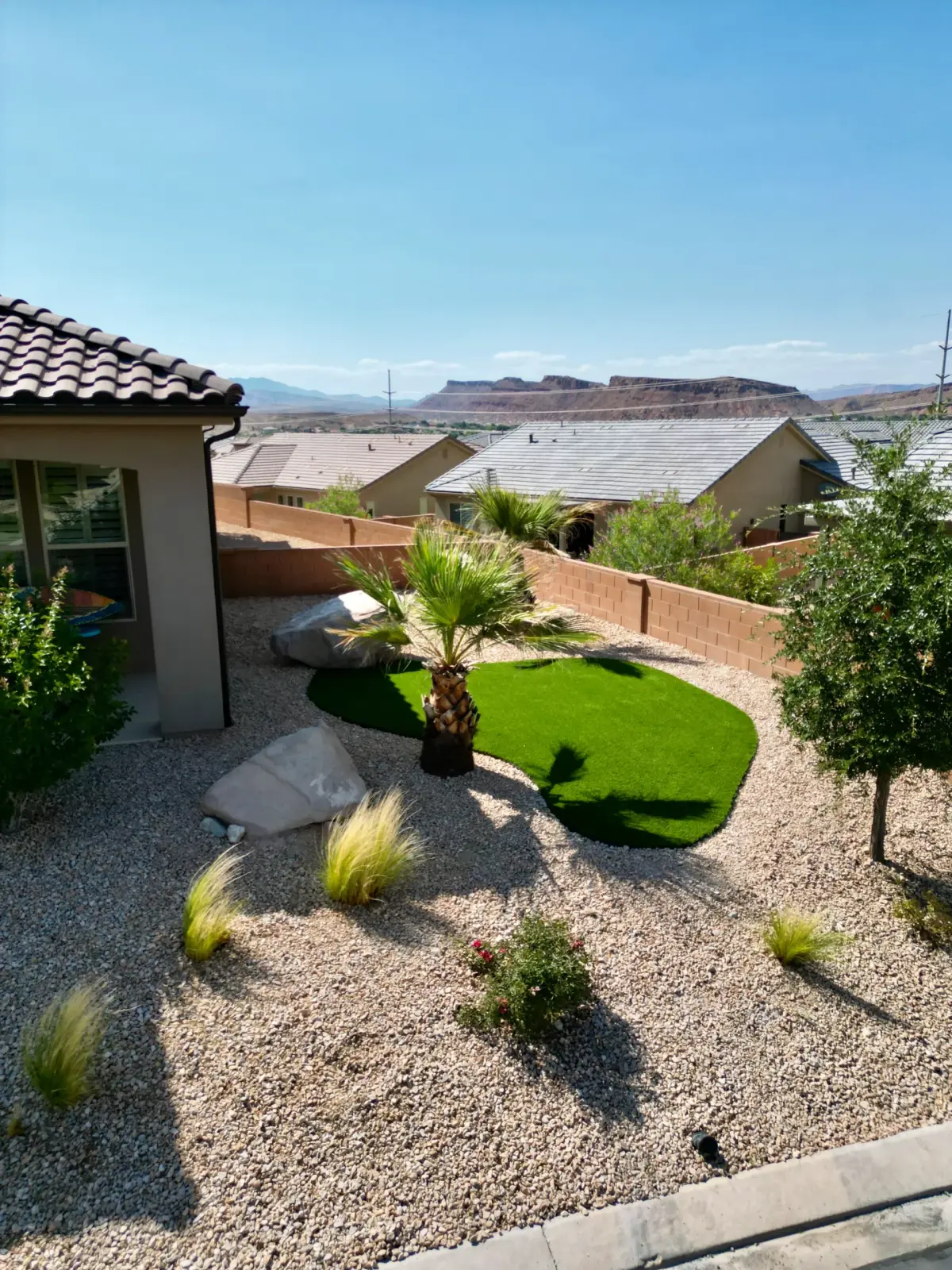 A desert yard combining a small curved turf area with palm trees, boulders, ornamental grasses, and gravel.
