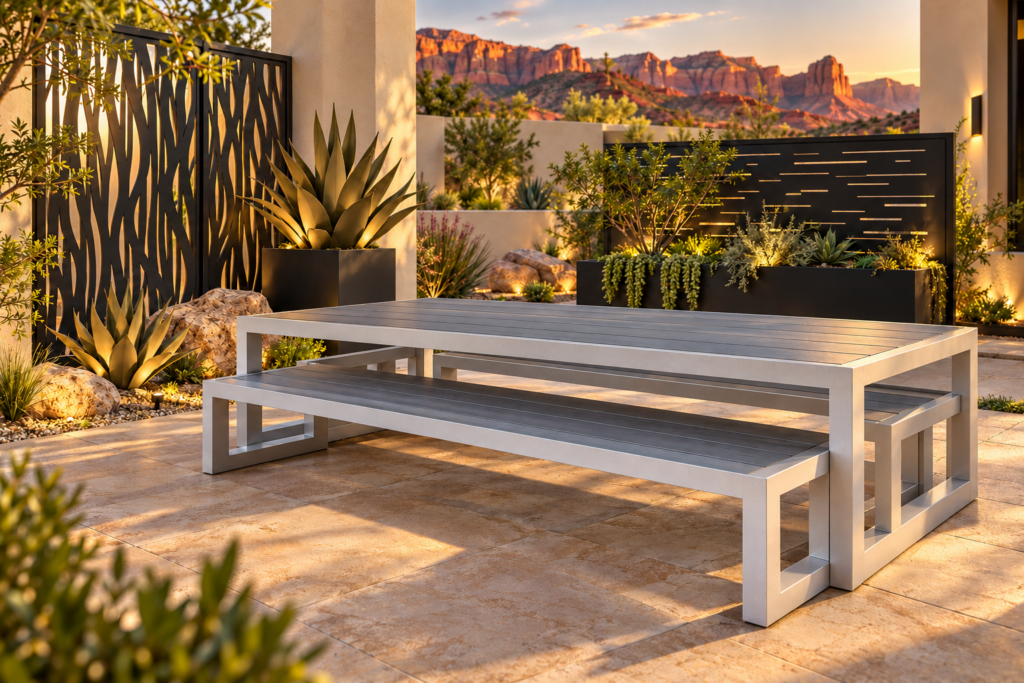 Outdoor table and benches with decorative screens and planters — concept rendering